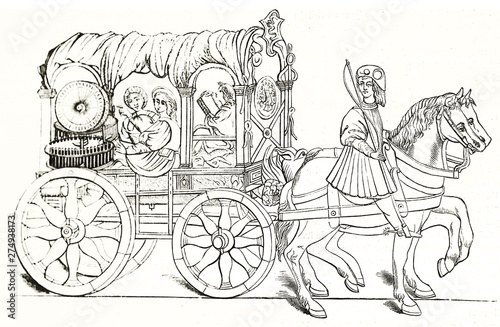 Ancient medieval device installed on a wagon dragged by horses. Old illustration depicting vitruvius odometer. Outline illustration by unidentified author publ. on Magasin Pittoresque Paris 1848 photo