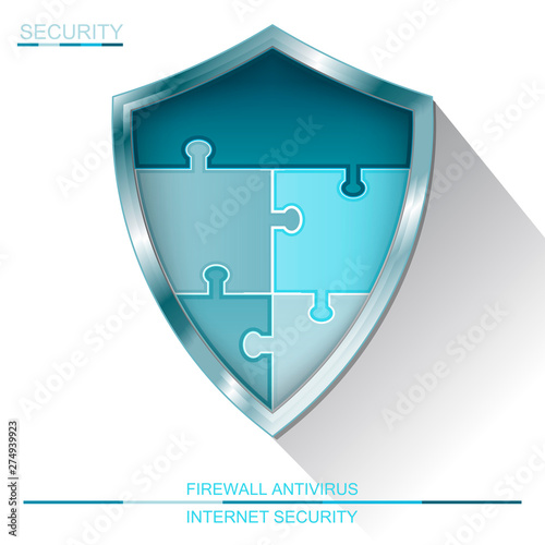 Internet security shield puzzle. Antivirus and firewall protection sign vector