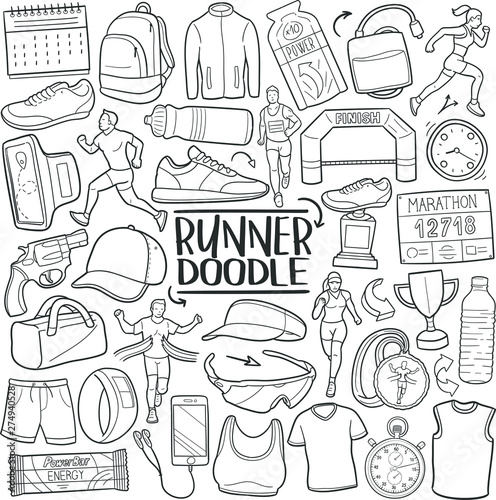 Runner Marathon Sport Traditional Doodle Icons Sketch Hand Made Design Vector 