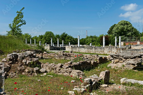  Archaeological Complex Abritus with inner walls and columns of the building ruins in authentic look, ancient Roman city in the present town Razgrad, Bulgaria, Europe  