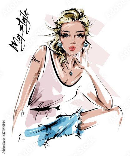 Hand drawn beautiful young woman in summer clothes. Stylish londe hair girl. Fashion woman look. Sketch. Vector illustration.