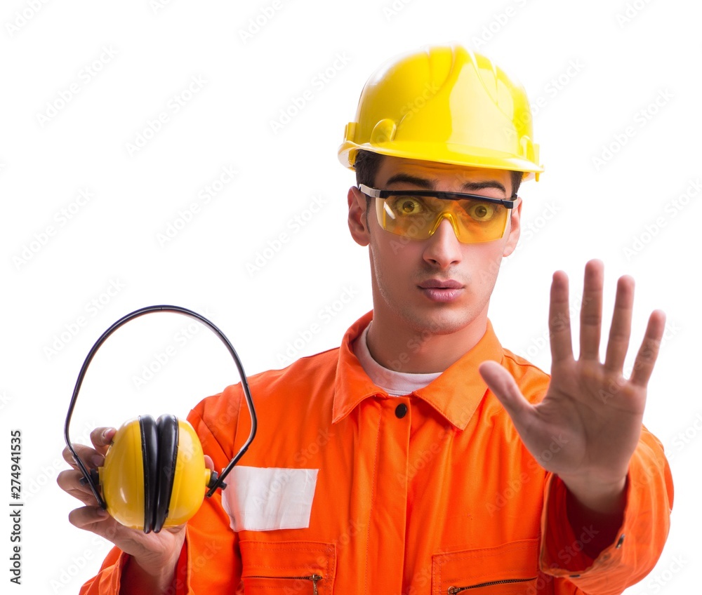 Construction worker with noise cancelling earphones Construction worker with noise cancelling earphones