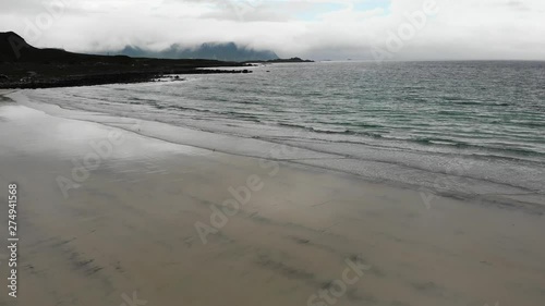 Sea coast and Skagsanden Beach on Flakstadoy in summer. Nordland county, Lofoten archipelago Norway. Tourist attraction photo