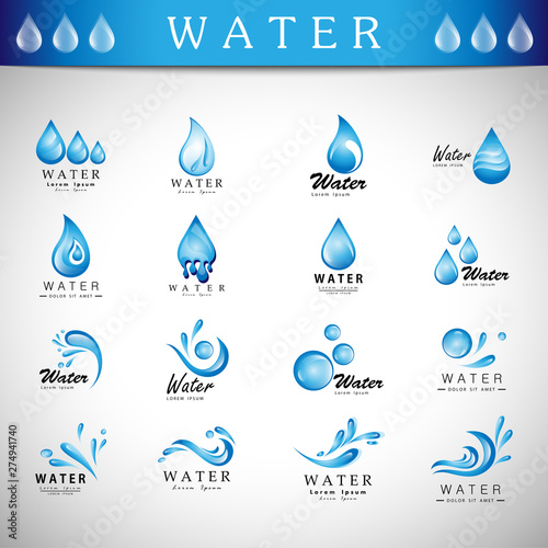 Water Splash Vector And Drop Icons Set - Isolated On Gray Background. Vector Illustration Collection Of Flat Water Splash And Drop Icons For Website, Label, Sticker, Logo Template And Bubble Design