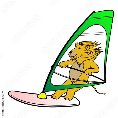 Cute Lion toy Windsurfing cartoon hand drawn vector illustration.