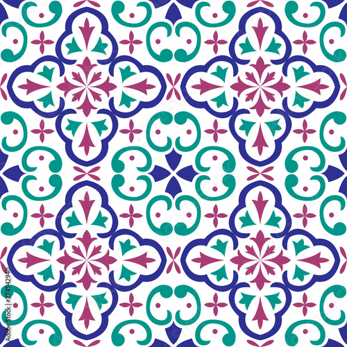 Seamless tiles background in portuguese style. Blue and white mosaic pattern. Tiles for ceramic in dutch, portuguese, spanish, italian style.