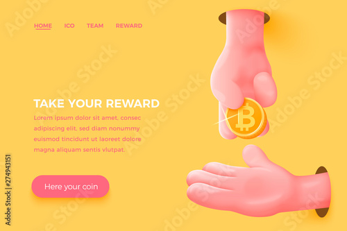 Vector site banner concept - cartoon 3d realistic hand give golden bitcoin to other, with place for your text and button. Cryptocurrency landing template.