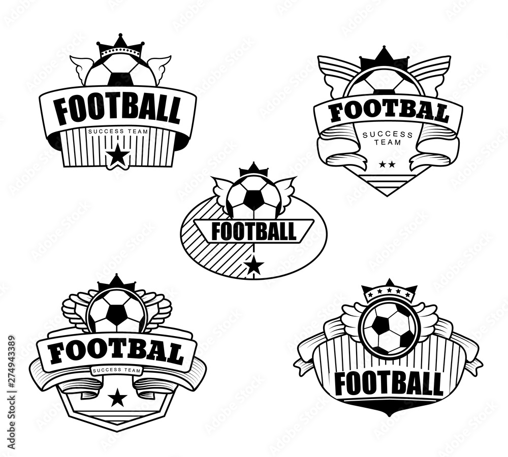 Emblem for a football club. Ball, ribbon, shield Vector illustration