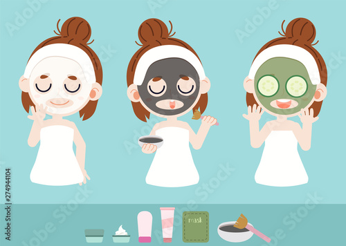 The girl takecare her face by facial mask. she use white mask black mask and green mask.The black color make form charcoal. The green color make form green tea. a girl in flat vector style photo