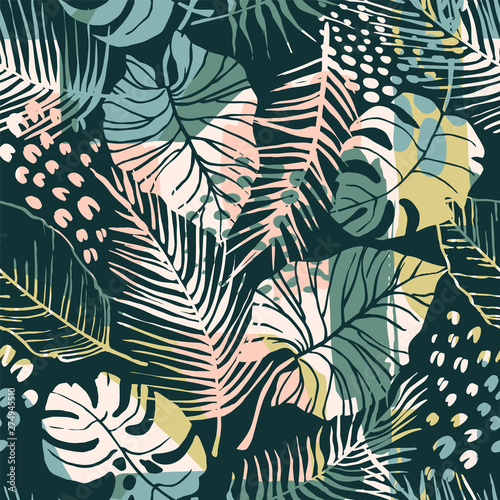 Abstract creative seamless pattern with tropical plants and artistic background.