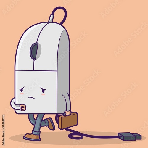 Computer mouse going to work vector illustration. Monday morning design concept 