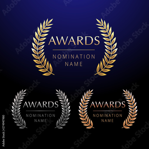 Awards logotype set. Isolated abstract graphic design template. Celebrating elegant nomination banner, decorative old tradition collection of 1 2 3 place, round shining symbols. Vector illustration.