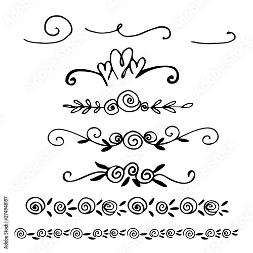 Hand drawn vector dividers. Lines, borders and laurels set. Doodle design elements.