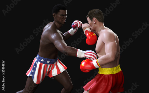 Concept of trade war between USA and China. 3d illustration two boxer fighting US and China flag trading punches for the concept: Trade War. © mrjo_7