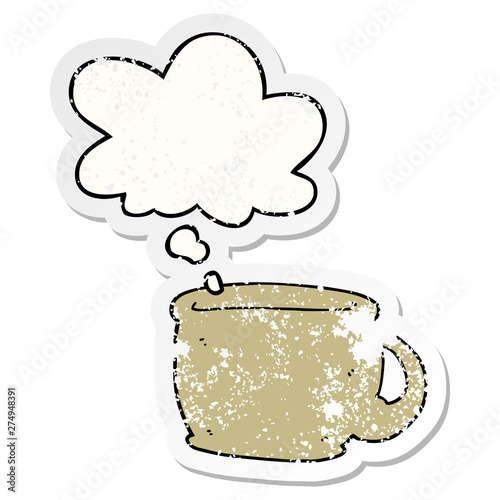cartoon coffee cup and thought bubble as a distressed worn sticker