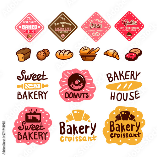 Bakery and confectionery products logos and icons with lettering. Bagel and croissant and baguette silhouettes with signs for pastry food shop. Food of dough and flour badges vector isolated set