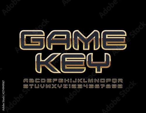 Vector techno sign Game Key. Black and Gold textured Font. Modern Uppercase Alphabet Letters and Numbers