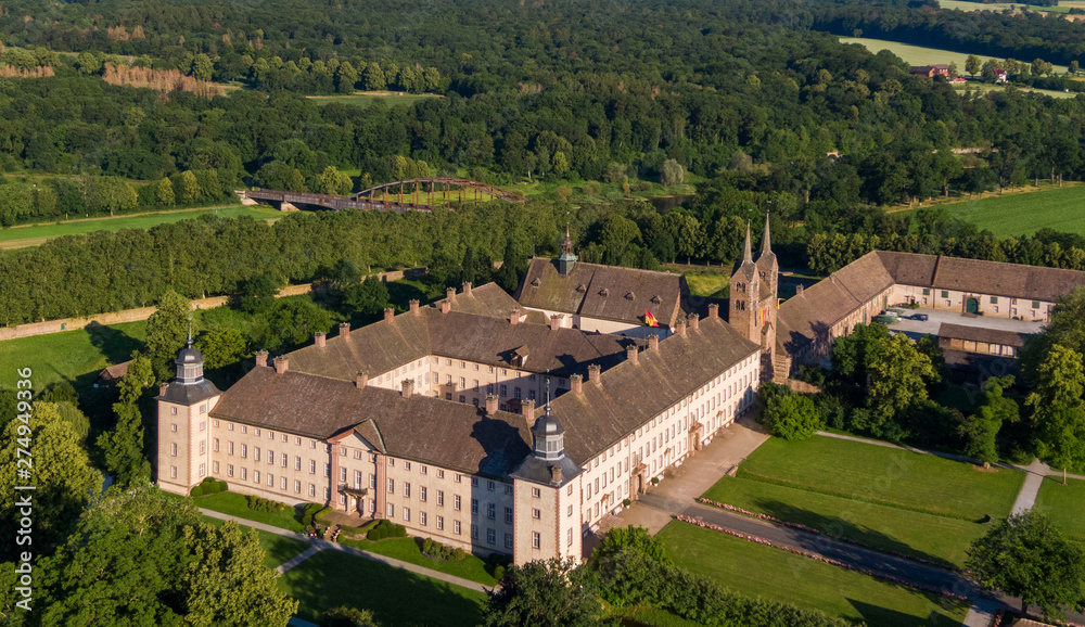 Aerial view of The Princely Abbey of Corvey in North Rhine-Westphalia, Germany