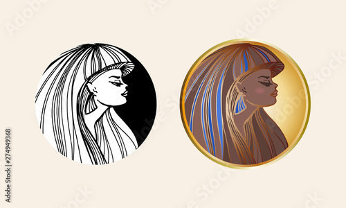 Stylized portrait of the Egyptian in the circle. Vector graphic element for logo, emblem