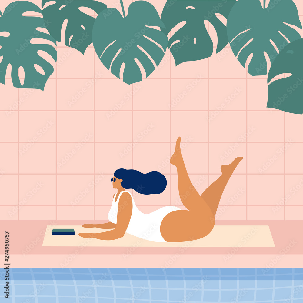 Obraz premium Beautiful plump woman in a white bathing suit lies under the leaves of a palm tree. Tan young girl near the pool. Summer vacation in the fresh air. Vector images in a flat style.