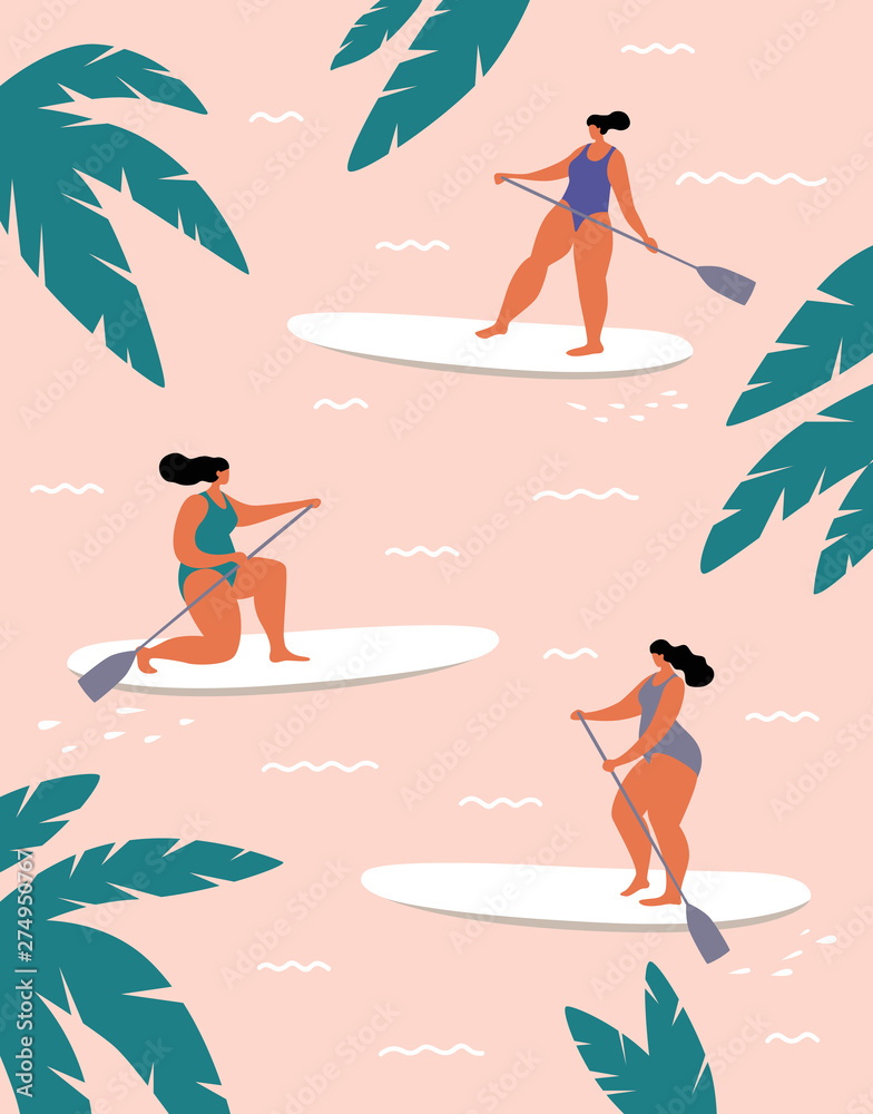 Set of plump girls on sup surfboards among palm tree leaves. Surfers ride the waves in the pink sea. Fashionable types of water activities. Vector illustration in flat style.