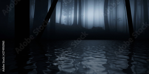 Fototapeta Naklejka Na Ścianę i Meble -  dark forest reflection on water forest, lake in the woods fantasy landscape