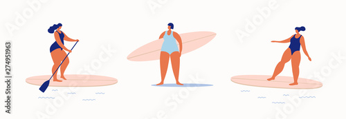 A group of cute plump girls surfing on the waves. Rest in the summer at sea. Fashionable types of water activities. Vector illustration in flat style on light isolated background.