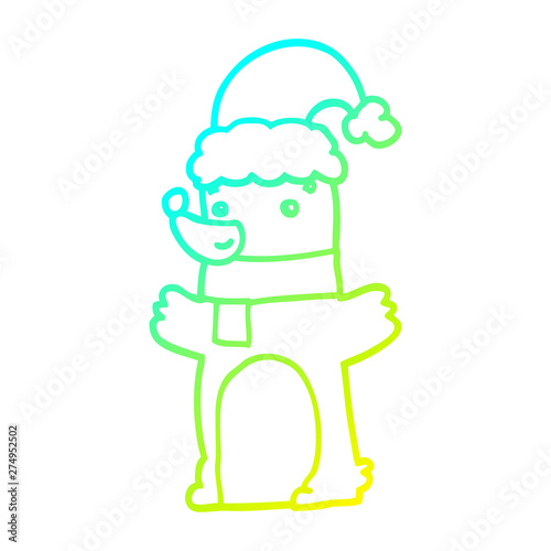 cold gradient line drawing cartoon bear wearing christmas hat