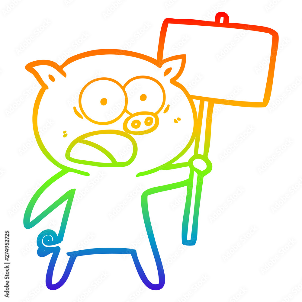 rainbow gradient line drawing cartoon pig protesting
