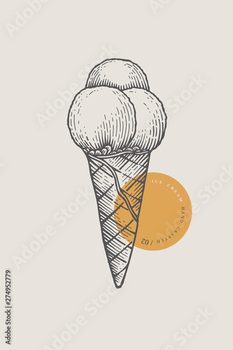 Graphically hand-drawn ice cream with three balls in a waffle cone. Engraving with a cold delicacy for the menu of restaurants, for packaging in markets and in shops. Vector vintage illustration.