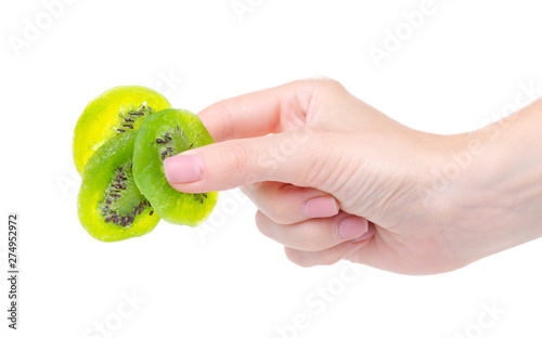Kiwi candied fruit in hand on the white background isolation