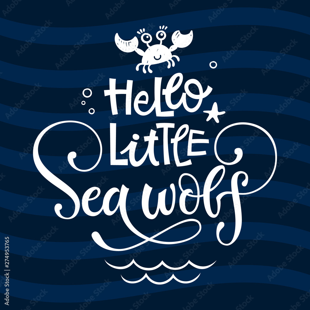 Hello little sea wolf quote. Simple white color baby shower hand drawn grotesque script style lettering vector logo phrase.