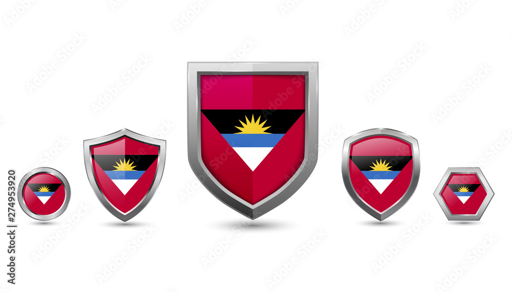 Set of Antigua and barbuda country flag with metal shape shield badge Set of Antigua and barbuda country flag with metal shape shield badge