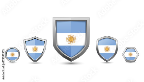 Set of argentina country flag with metal shape shield badge