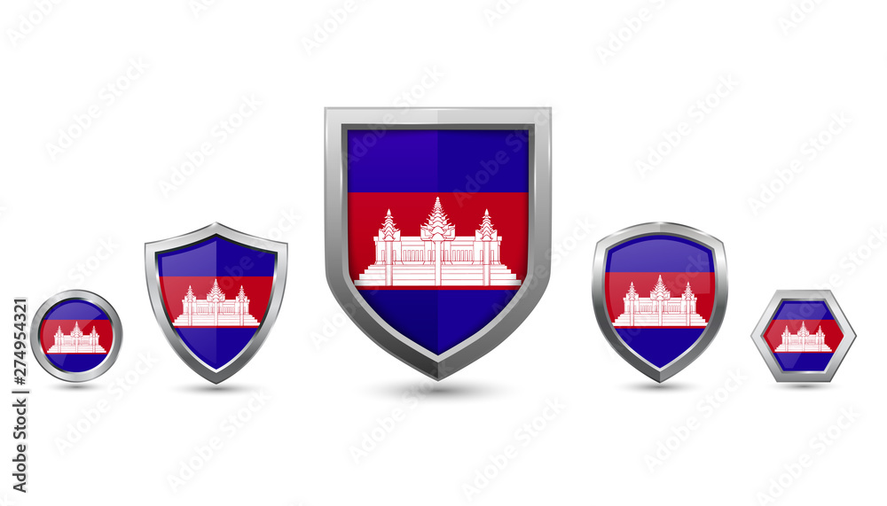 set of Cambodia country flag with metal shape shield badge