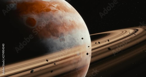 Gas planet, rings, moon and meteorites at space. Jupiter alike planet with Saturn alike rings. Camera fly through asteroid field. Cinematic 3D rendering animation.