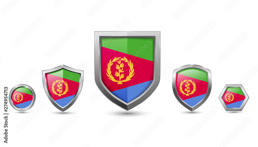 set of eritrea country flag with metal shape shield badge set of eritrea country flag with metal shape shield badge