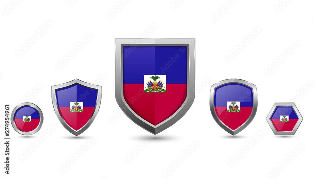 set of Haiti country flag with metal shape shield badge set of Haiti country flag with metal shape shield badge