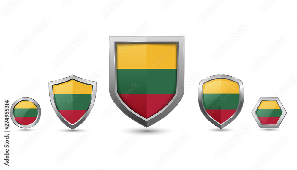 Set of lithuania country flag with metal shape shield badge Set of lithuania country flag with metal shape shield badge