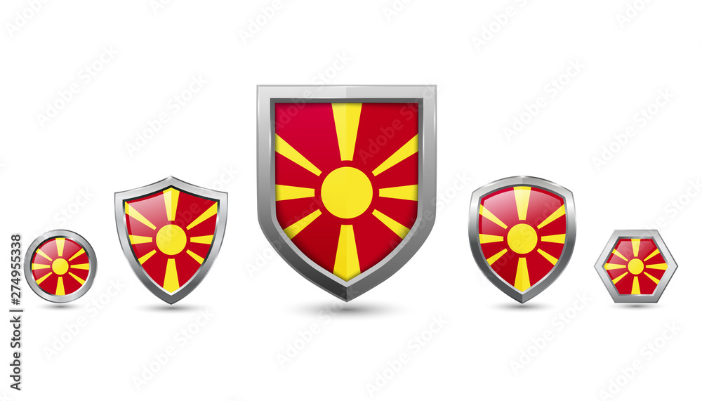 Set of north macedonia country flag with metal shape shield badge Set of north macedonia country flag with metal shape shield badge