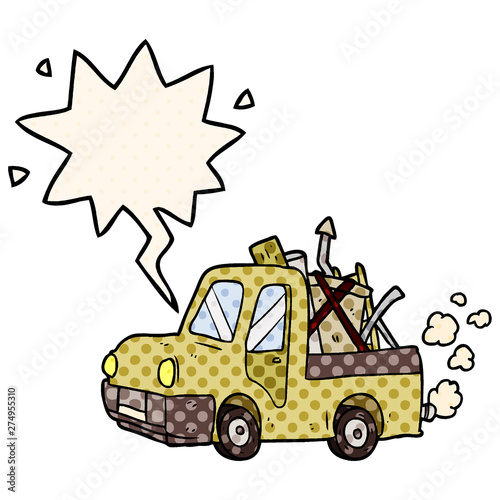 cartoon old truck full of junk and speech bubble in comic book style