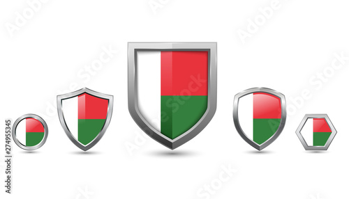 Free Download Set of madagascar country flag with metal shape shield badge - GFXLoad