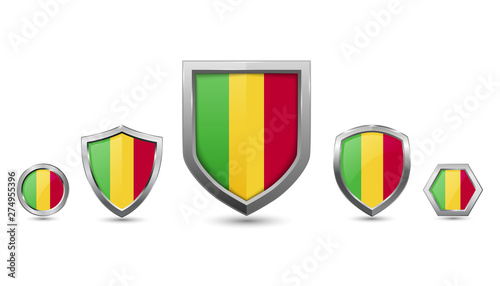 Set of mali country flag with metal shape shield badge