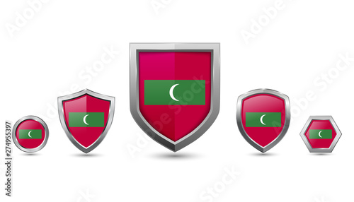Set of maldives country flag with metal shape shield badge