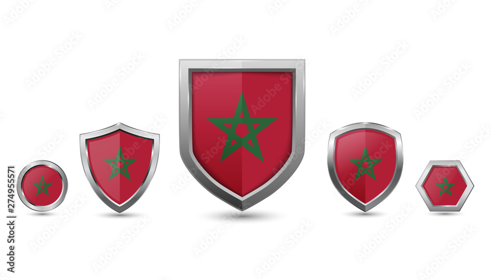 Set of morocco country flag with metal shape shield badge Set of morocco country flag with metal shape shield badge