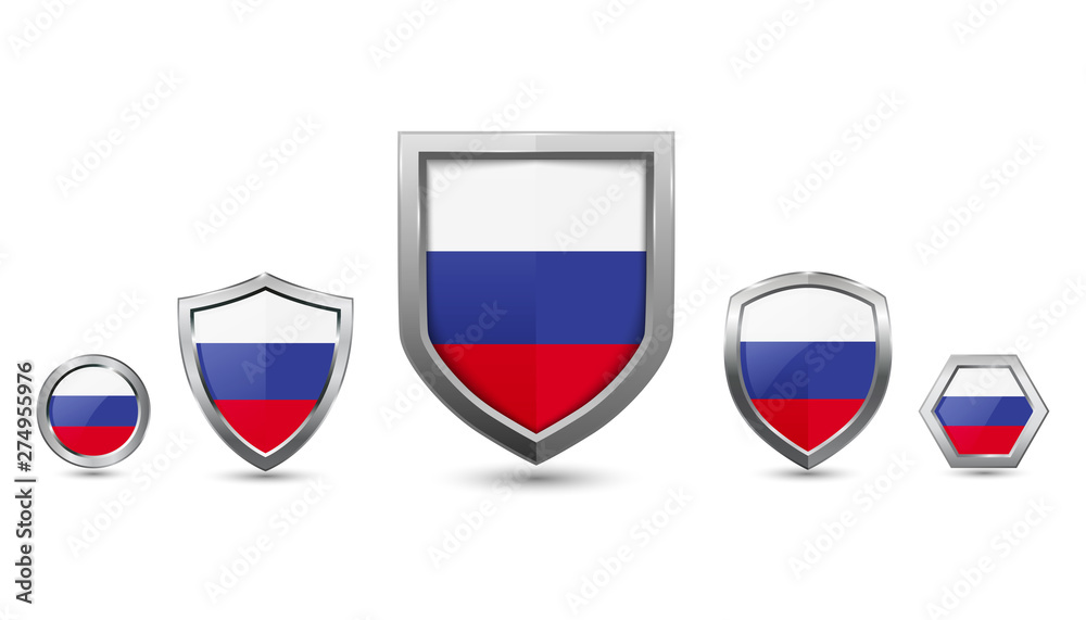 Set of russia country flag with metal shape shield badge Set of russia country flag with metal shape shield badge