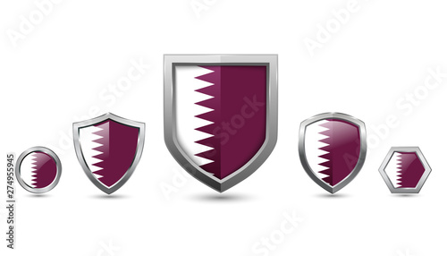 Set of qatar country flag with metal shape shield badge