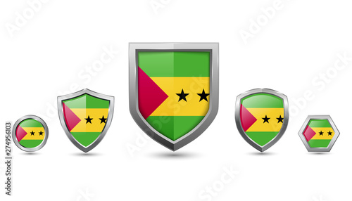 Set of sao tome and prencipe country flag with metal shape shield badge