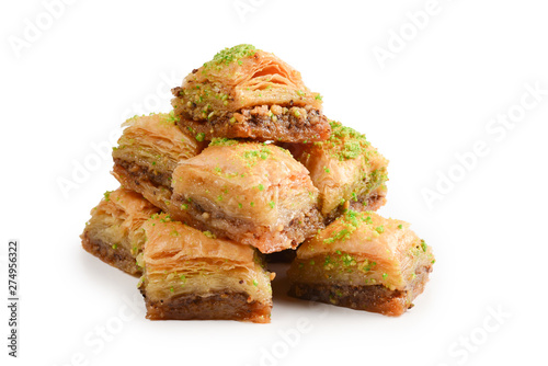 Pistachio baklava on a white background. Dessert. photo