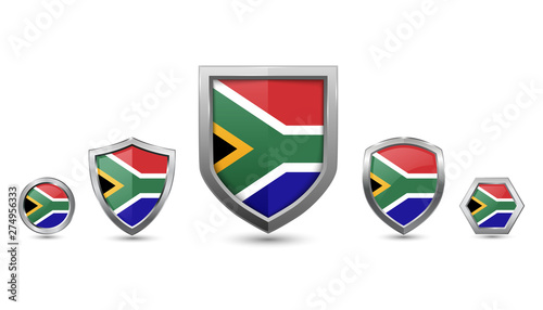 Set of South Africa country flag with metal shape shield badge